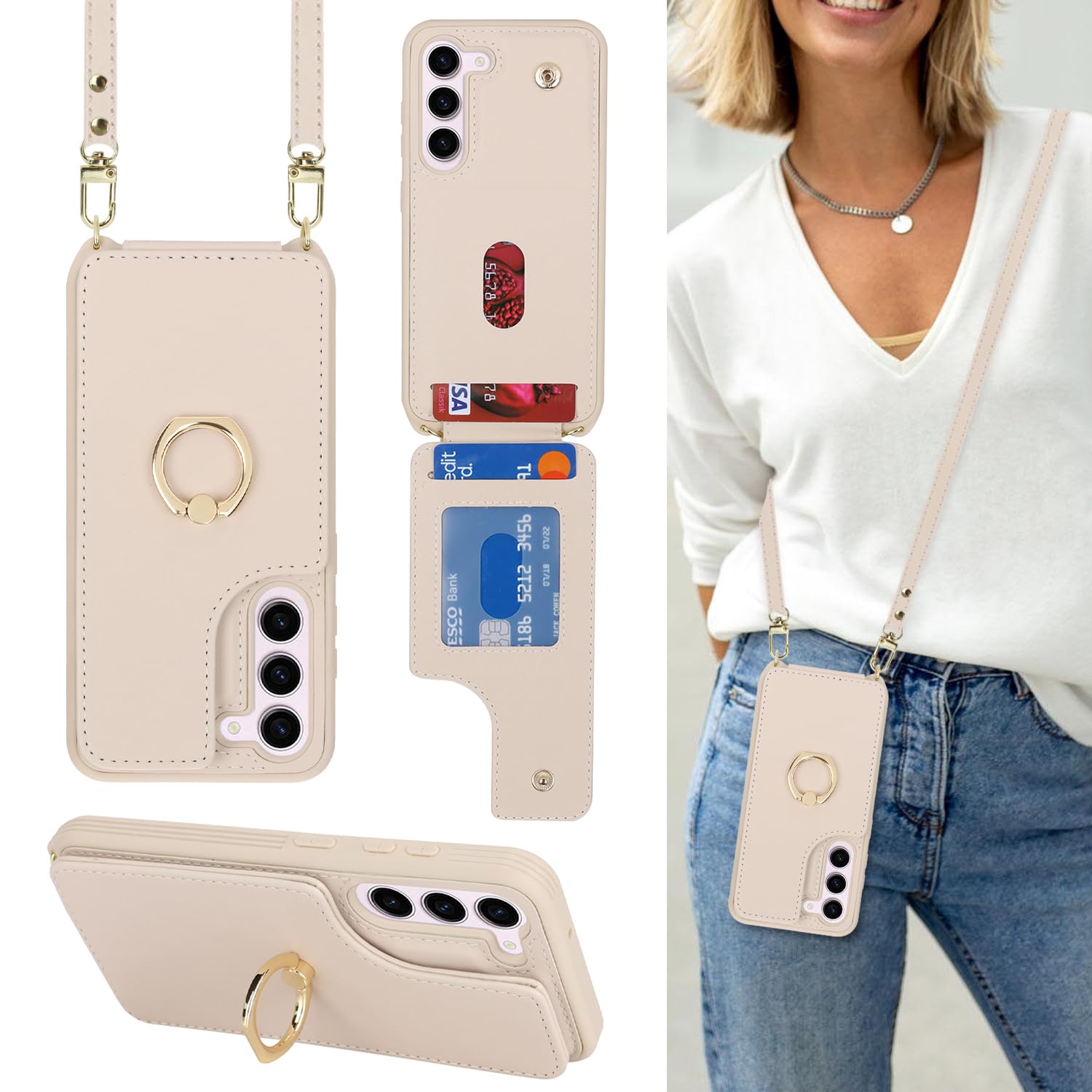 Lipvina for Samsung Galaxy S23 Case with Card Holder and Strap for Women,Crossbody Lanyard,RFID Blocking,Stand Ring Kickstand,Snap Clasp,Phone Wallet Cases 6.1 inch(Beige)