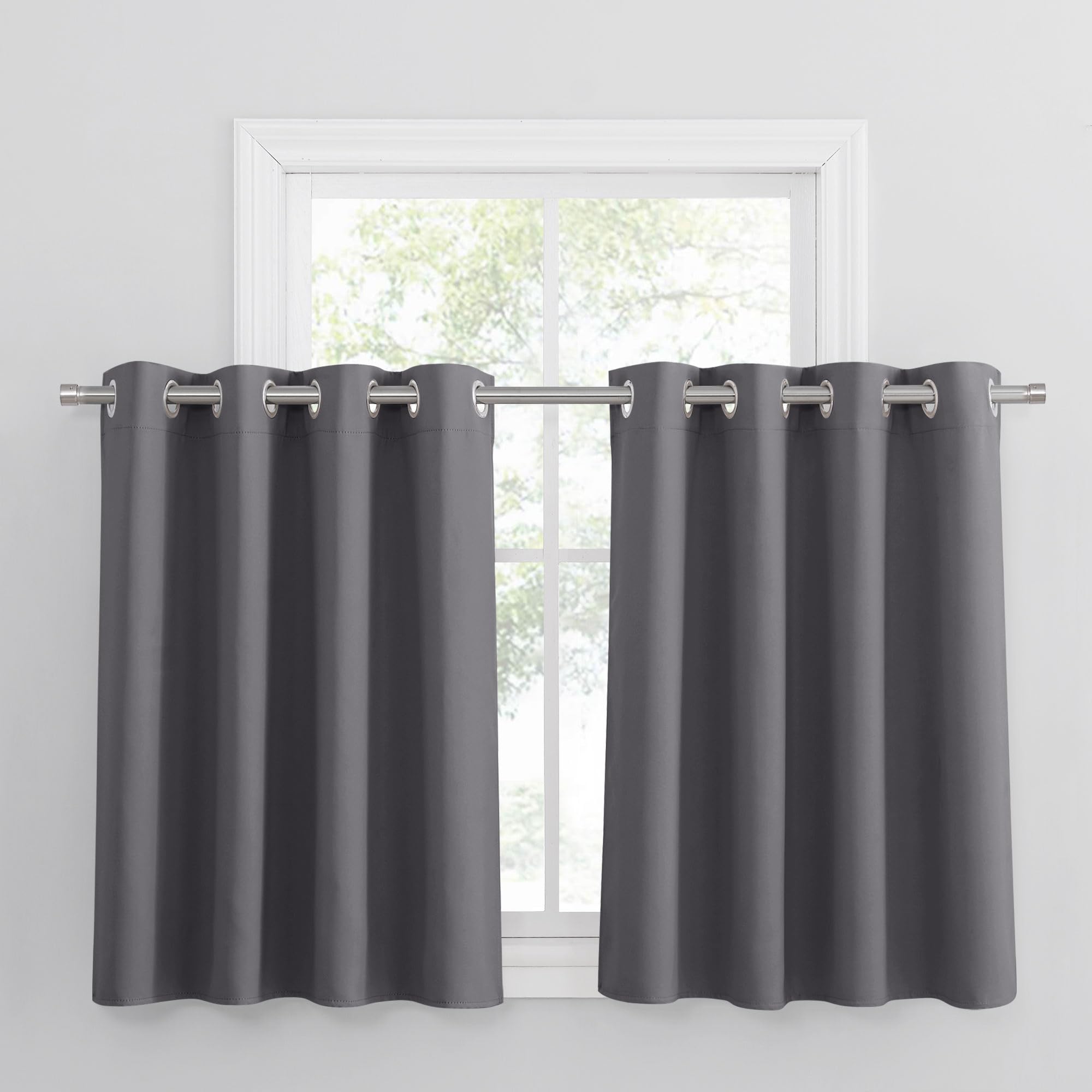 PONY DANCE Grey Blackout Short Curtains with Eyelet for Kitchen - Thermal Insulated Curtain & Drapes Tiers for Home Decorative, Small Window Treatments for Bedroom, W 52 x L 36 Inch, 2 Pieces