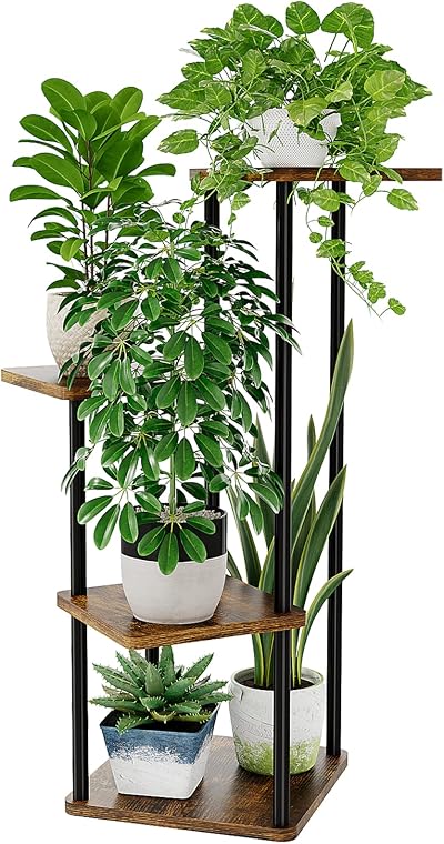 Bamworld 4 Tier Indoor Plant Stand Metal Shelf Brown