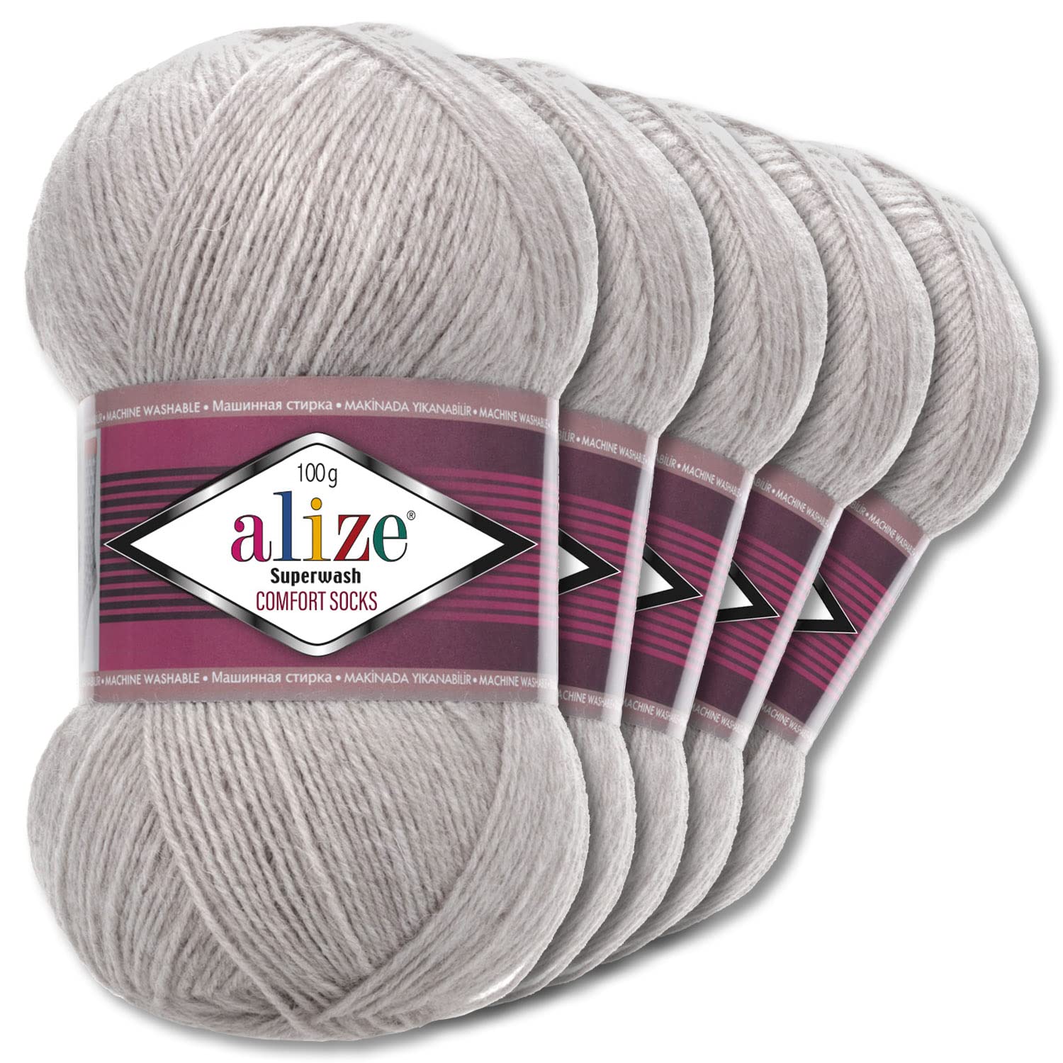 Wohnkult Alize Superwash Comfort Sock Wool 33 Colours to Choose From One / Multicoloured (21 | Grey Melange) 5 x 100 g