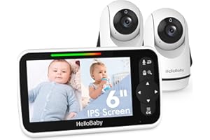 HelloBaby Video Baby Monitor with Upgraded 6” IPS Large Screen, Split Screen with 2 Cameras, Night Vision and Temprature Monitoring, Remote Pan-Tilt-Zoom Camera, No-WiFi