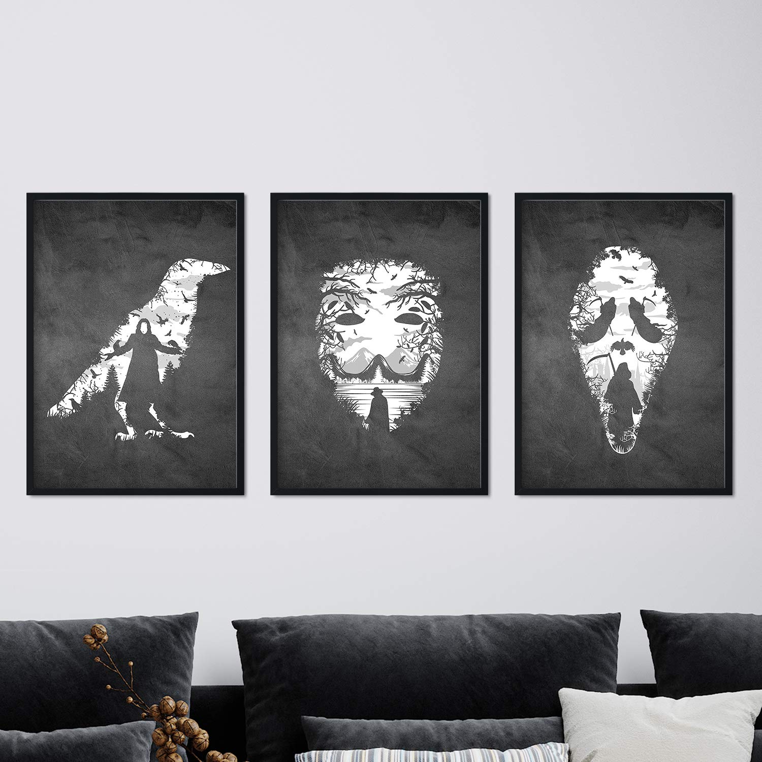 Nacnic Set of three black and white sheets of Vendeta films V, Scream and The Raven Poster Size A3 black style background blackboard Frameless