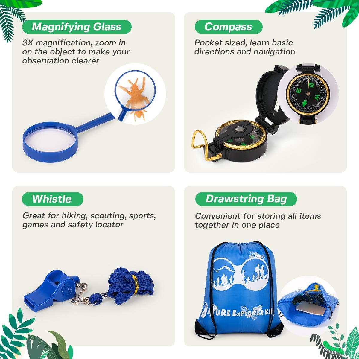 D-FantiX Kids Nature Explorer Kit, 24Pcs Outdoor Adventure Set Bug Catcher Kit, Nature Exploration Toys with Binocular Headlight Flashlight Magnifying Glass Compass for Toddlers Camping Hiking Gear: Toys & Games
