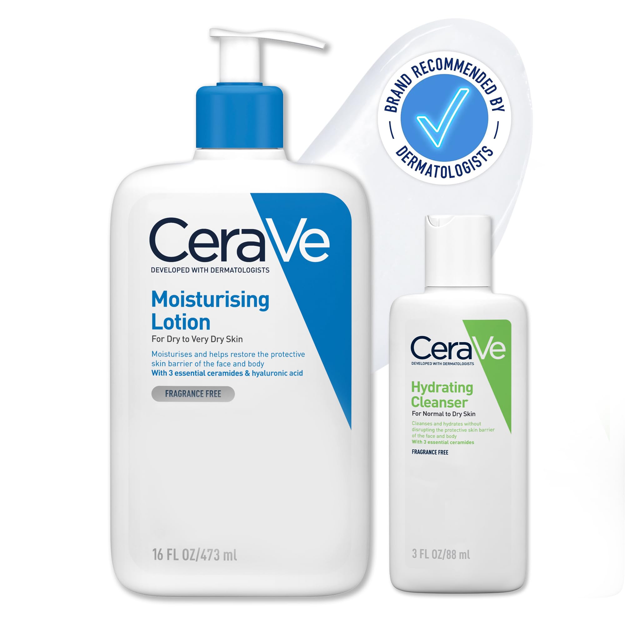 CeraVe Face & Body Routine for Dry Skin Travel Bundle, Moisturising Lotion 473ml & Hydrating Cleanser 88ml With 3 Essential Ceramides, Hyaluronic Acid, Dry Skincare Set, Dermatologist Developed