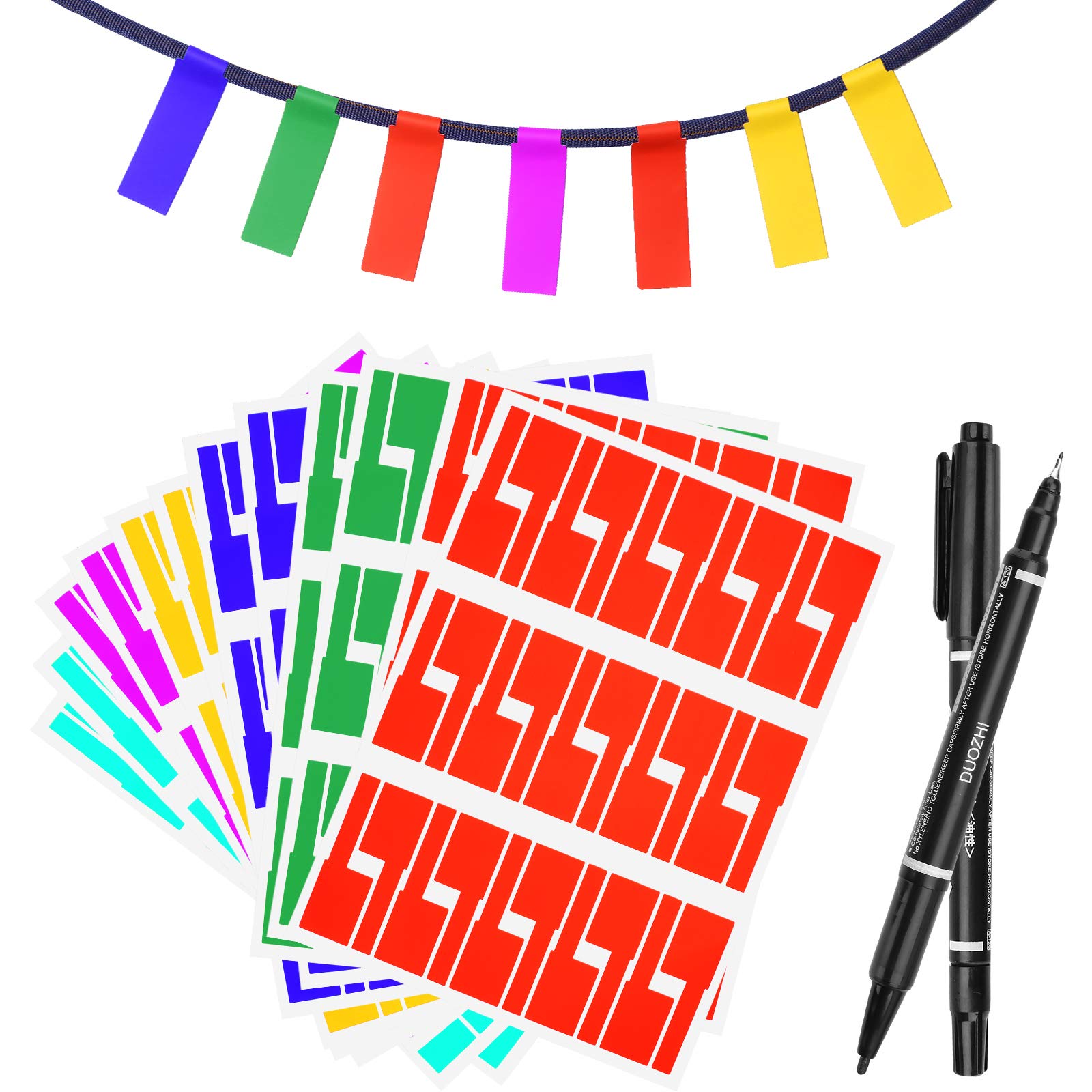 JatilEr 480PCS Cable Labels, Self-Adhesive Cable Markers Waterproof Tear Resistant Wire Labels Cable Tags Stickers Support Handwriting and Laser Printing - 8 Colors 16 Sheets (with 2 Writing Tools)