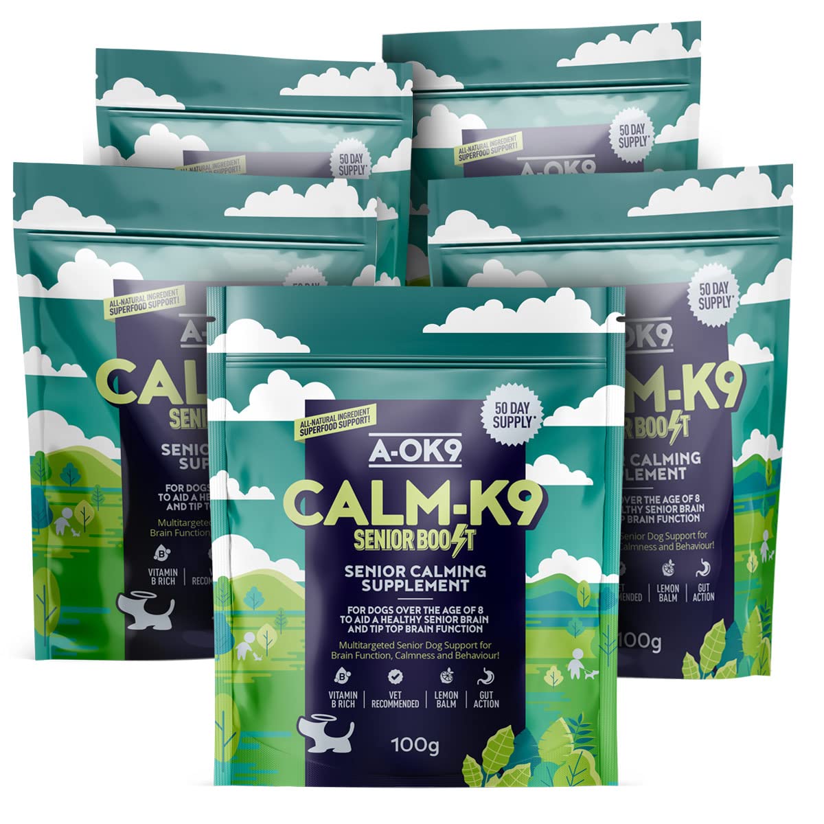A-OK9 Calm-K9 Senior Boost Calming Supplement for Older Dogs - 5 x 100g Pouch - Aids Anxiety, Stress or Barking Troubles - Natural Ingredients to Support Brain Function - For All Breeds Aged 7+