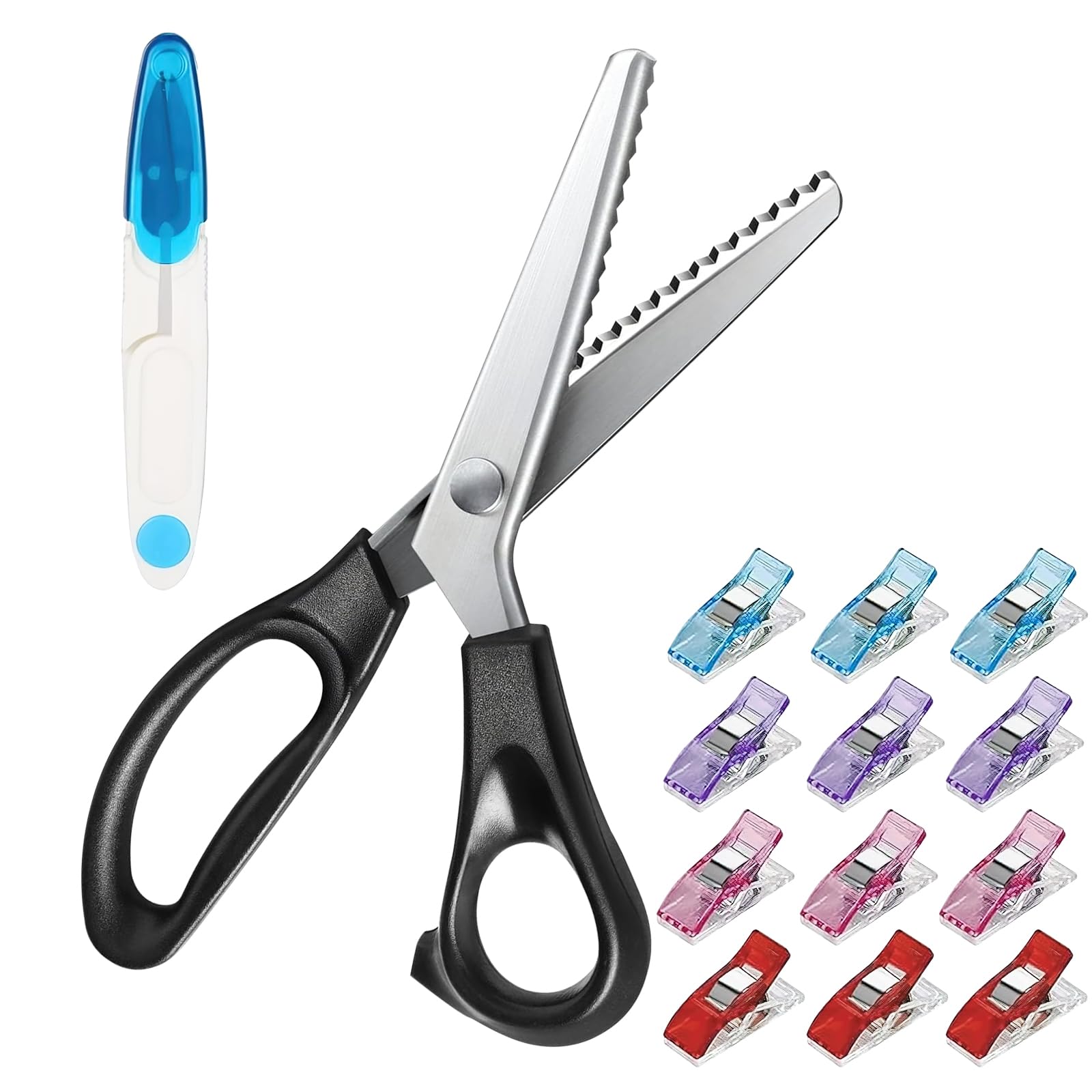 Fabric Scissor Set, Professional Dressmaking Scissors, Black Wavy Edge Craft, Comfort Grips Handled, Zig Zag Scissors with 12 Sewing Clips for Fabric and Blue Wire Cutters (Style 1)