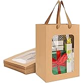 EUSOAR Flower Gift Bag with Window, 12pcs 7"x5.12"x9.84" Kraft Paper Tote Shopping Gift Bags with Transparent Window, Clear Bouquet Gift Bags With Handle for Gift Wrapping Festival Bridal Party