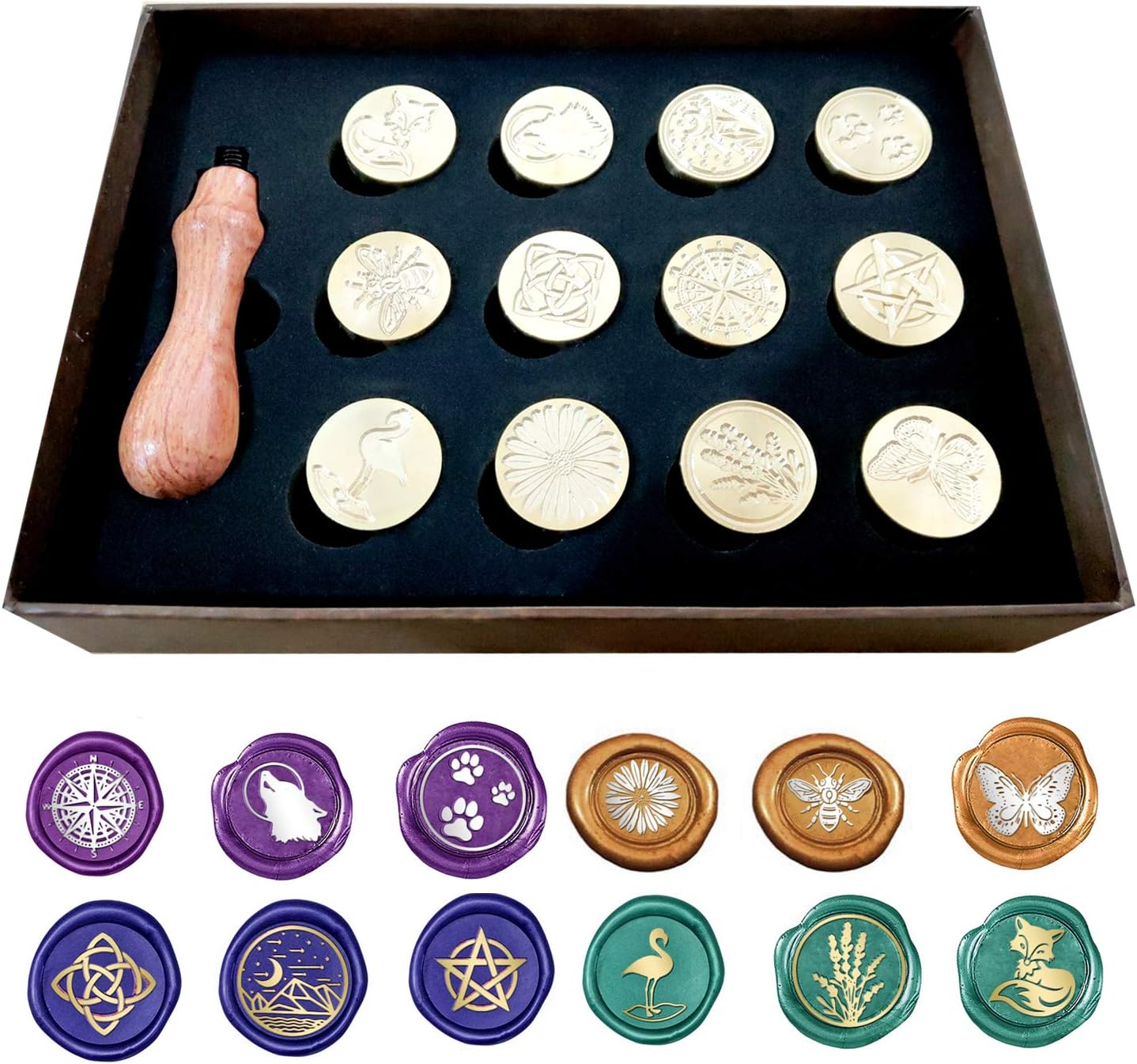 Vintage Retro Wax Seal Stamp Kit with Gift Box,1 Wooden Hilt + 12 Interchangeable Removable