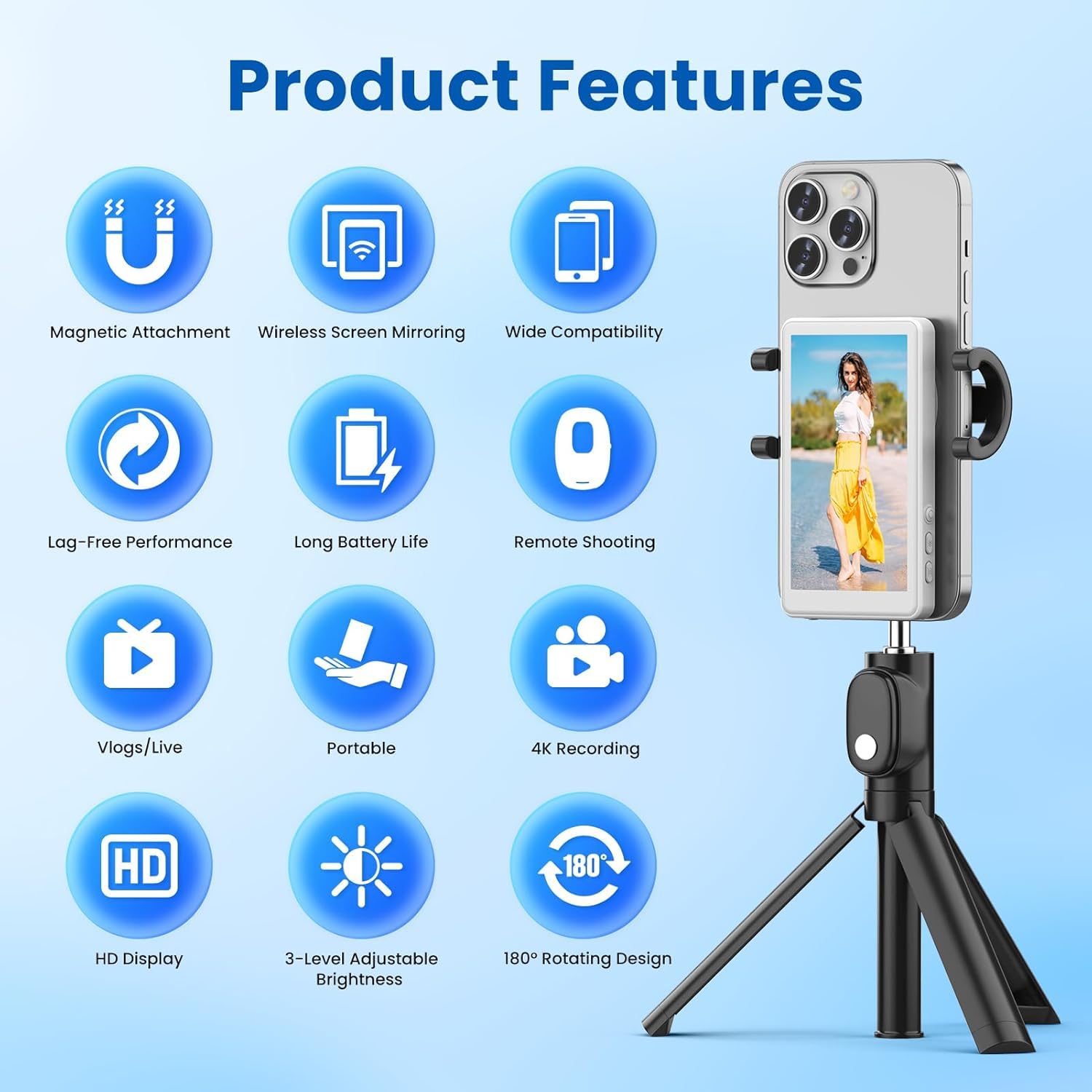 Vlog Selfie Monitor Screen iPhone, 4K 60fps Recording, Wireless Screen Mirroring with Remote Control, Magnetic Fixation, 180° Rotation, 3 Levels of Brightness, Compatible with iPhone & Android