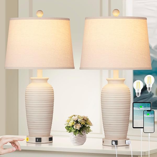 CINSARY 24.3″ FARMHOUSE JAR TABLE LAMPS SET OF 2, 3 WAY TOUCH CONTROL RUSTIC BEDSIDE LAMPS WITH USB A+C PORTS & AC OUTLET, POT NIGHTSTAND LAMPS FOR BEDROOM LIVING ROOM (LED BULBS INCLUDED)