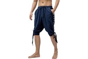 Heyigrow Mens Pirate Shorts Renaissance Viking Costume, Medieval Lace-up Banded Pants Cotton Linen Cosplay Outfits
