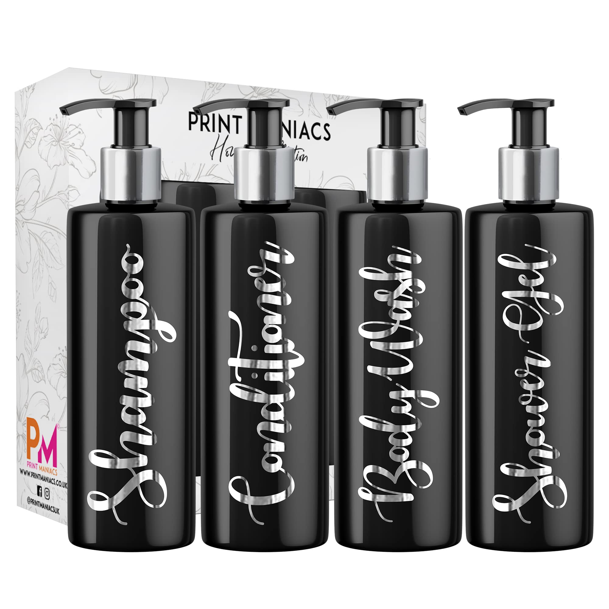 Print Maniacs Black Mrs Hinch Inspired Personalised 500ml Pump Bottles Bathroom Lotion Kitchen Set Shampoo Conditioner (Shower Gel Set) (Silver)