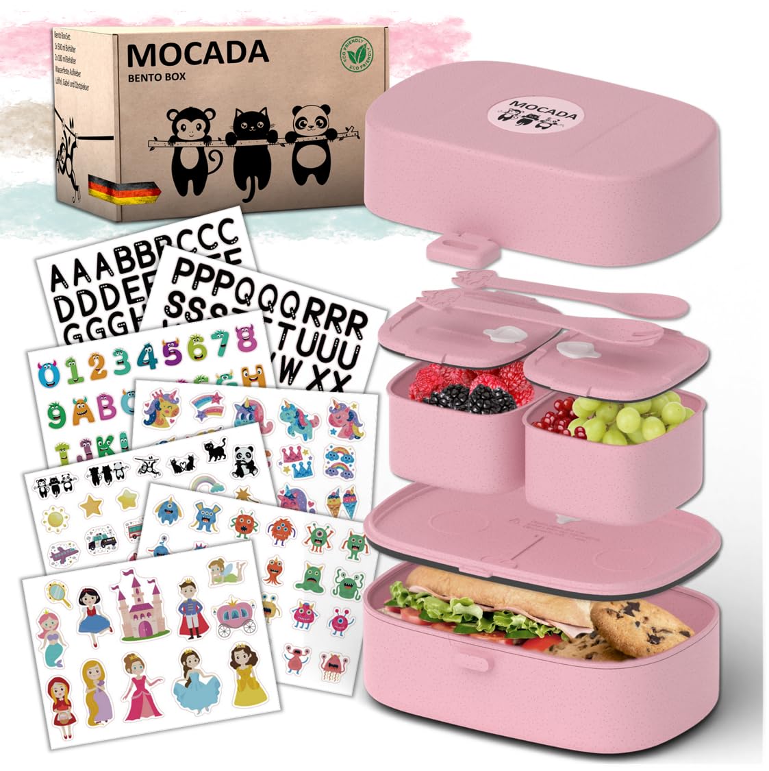MOCADA Children's Lunch Box with Compartments - Leak-Proof - Bento Box Children, Lunch Box School - Lunch Box Children - Sustainable Lunch Box with Cutlery & 216 Stickers, Lunch Box for Girls and Boys
