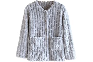 Women's Fleece Bed Jacket Solid Color V Neck Button Front Pajamas Jackets with Pockets Long Sleeve Sleepwear Clothes