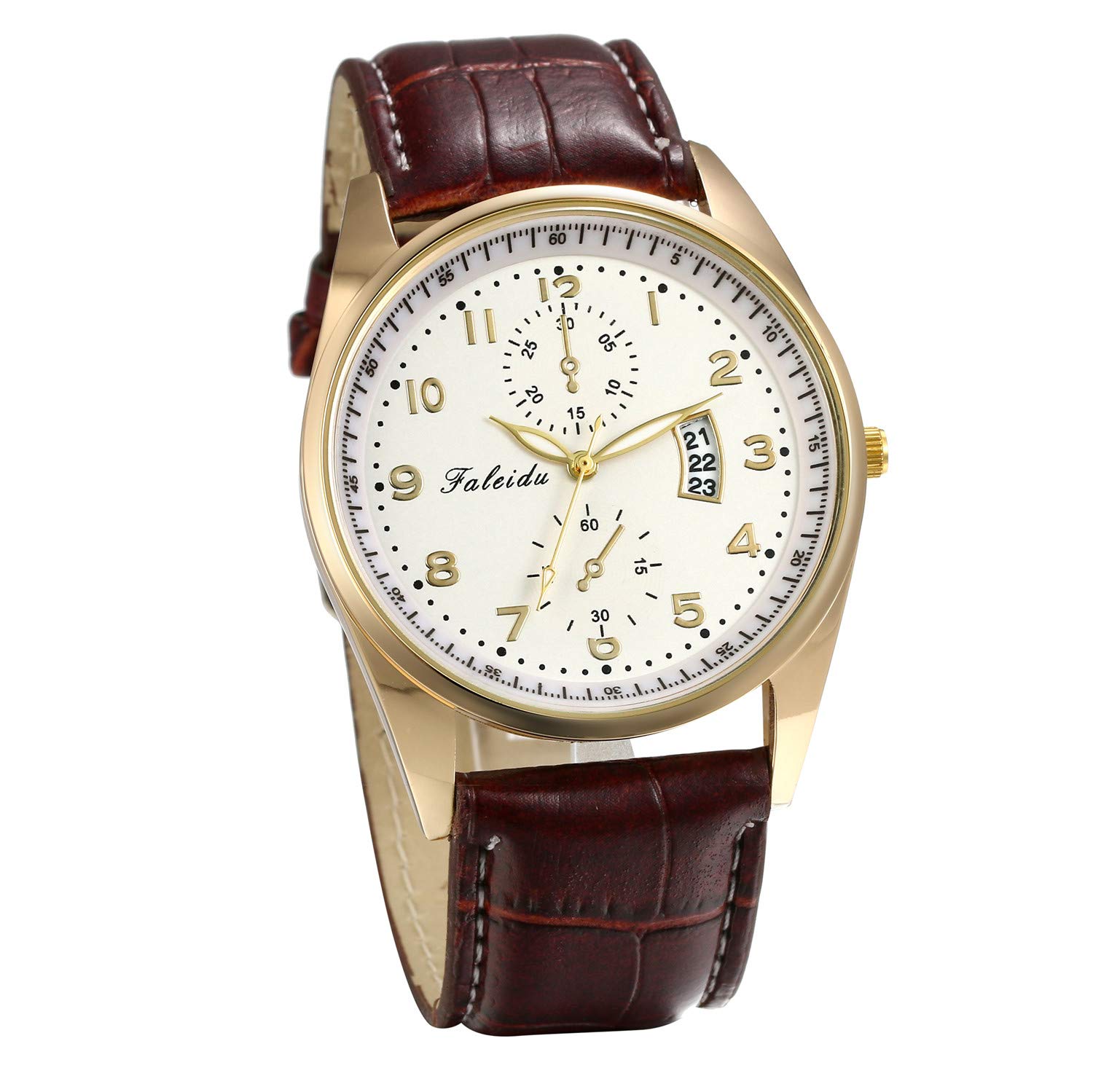 JewelryWe Mens Watches Two Eyes Analog Quartz Calendar Watch Leather Watchband Casual Brown Dress Watch