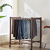 Natural Wooden Pants Hangers with Wheels Trouser Rack Organizer with 12 Hangers Clothes Organizers and Storage for Pant Shorts Jeans Trousers Pants Rack Trolley (Walnut)