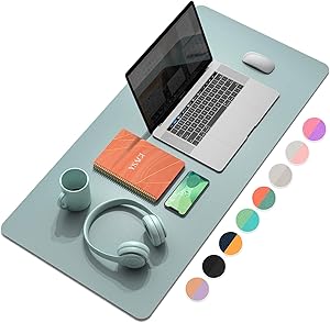 YSAGi Multifunctional Office Desk Pad, Ultra Thin Waterproof PU Leather Mouse Pad, Dual Use Desk Writing Mat for Office/Home (35.4" x 17", Glaucous Green+Orange)