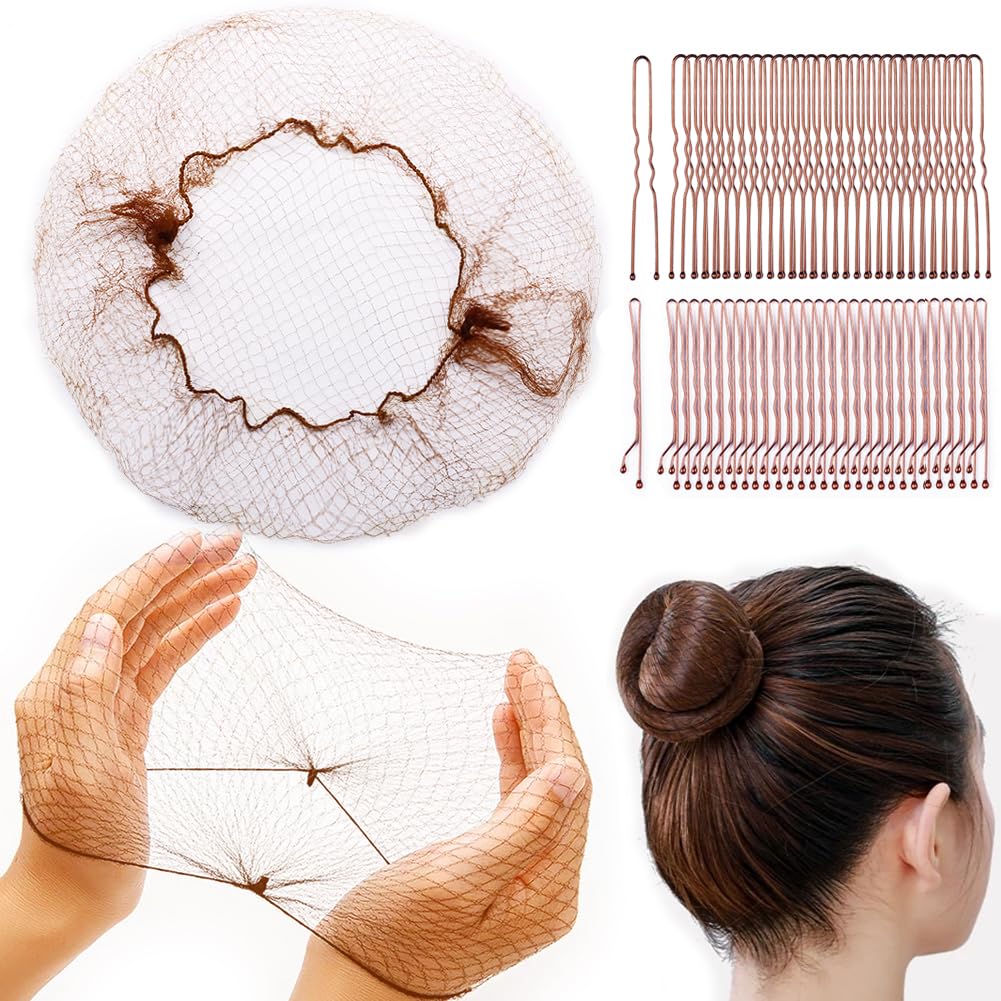 Photo 1 of 130PCS Hair Nets,30 Invisible Hair Nets (12, 24 Inch) for Ballet Recital,50 U-Shaped Hair Pins 50 Bobby Pins for Bun Maker Kitchen Hair Nets for Men Bun Nets for Women,2 Size Light Brown