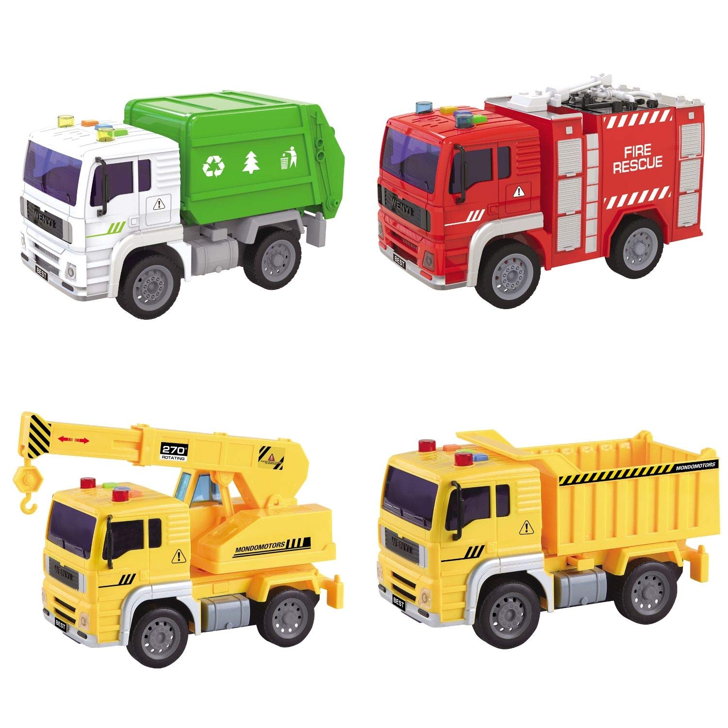 Mondo Motors - Friction Truck Assortment - Truck with pull back clutch for children - Size 20 Cm - Work Trucks, Waste Trucks, Firefighters - 51174