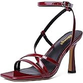 RIBONGZ Strappy Stiletto Kitten Heels Ankle Strap Sexy Heeled Sandals for Women Square Open Toe High Heels Wedding Bride Party Prom Dress Shoes