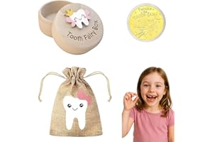 Tooth Fairy Box Gift Set – Includes 1 Linen Tooth Bag, 1 Wooden Tooth Keepsake Box, 1 Zinc-Alloy Fairy Coin