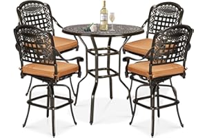 W WARMHOL 5 Pieces Patio Swivel Bar Set, Patio Bar Table and Chairs Set, All-Weather Cast Aluminum Outdoor Swivel Bar Stools of 4 and 38.5" Bar Table, High Top Bistro Set for Deck, Pool, Garden