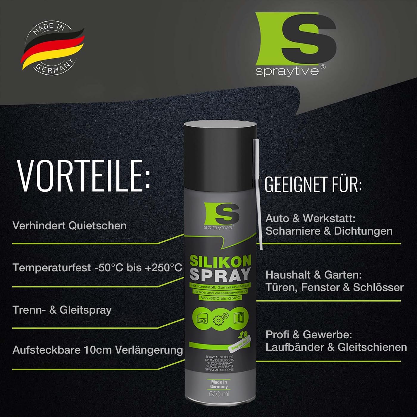 Spraytive 6 x 500ml Silikonspray - Schmiermittel & Gleitspray für Auto, Gummi, Kunststoff & Metall - Farblos, wasserabweisend, rückstandsfrei - von -50 °C bis +250 °C - Made in Germany 4