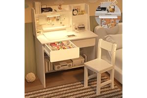 NKUGCFC Ivory White Wooden Kids Study Desk and Chair Set, Childrens Desk with Light and Paper Roll Rack, 2 Drawers,Storage Cabinets and Shelves, Boys & Girls Study Desk for Bedroom and Kidsroom