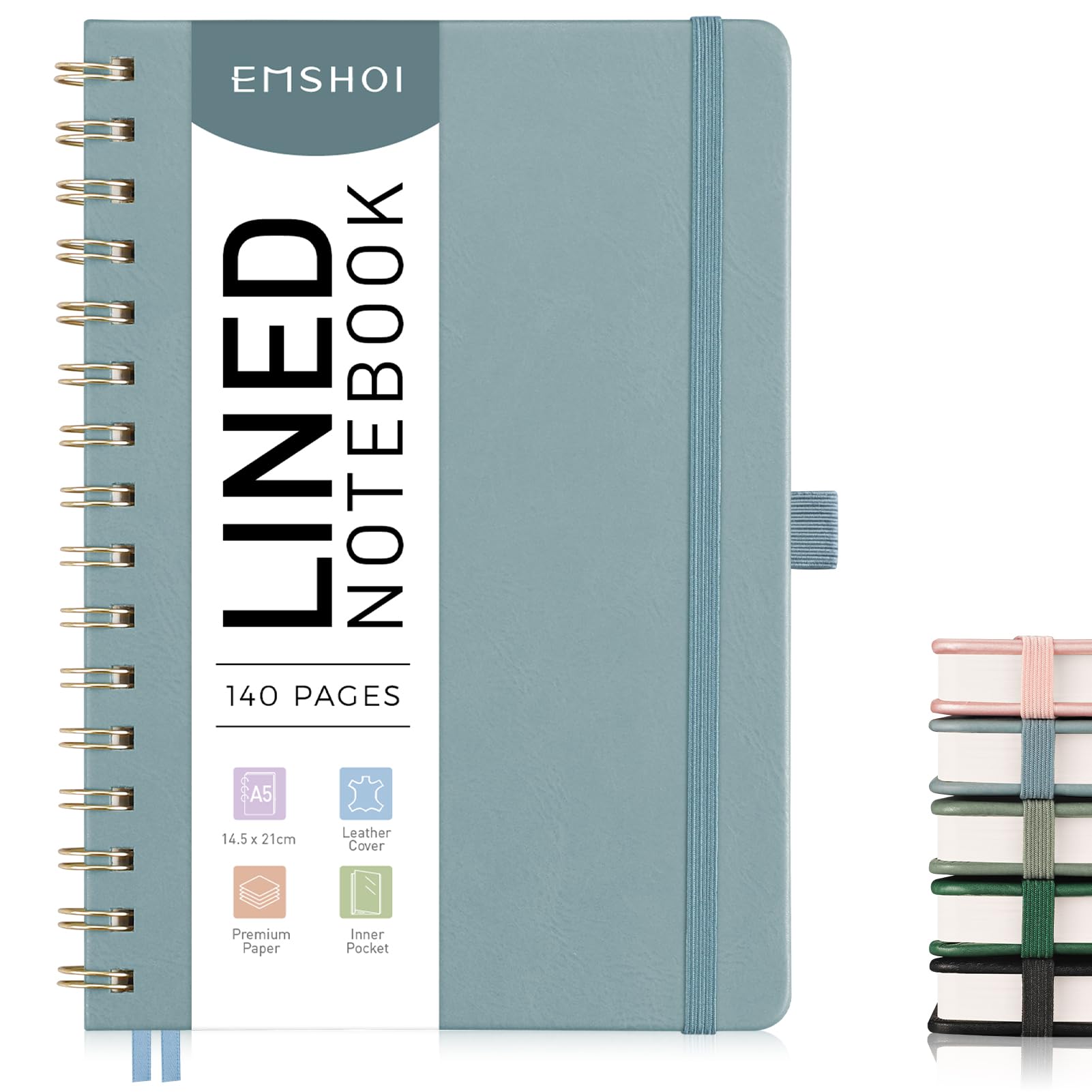 EMSHOI A5 Notebook Lined Journal, 100gsm, PU Leather Hardcover, Sticky Notes, Pocket, Pen Loop, Ruler, Bookmark, 140 Pages Ruled Spiral Notepad for Women Men Writing, 14.5 x 21cm, Gray Blue
