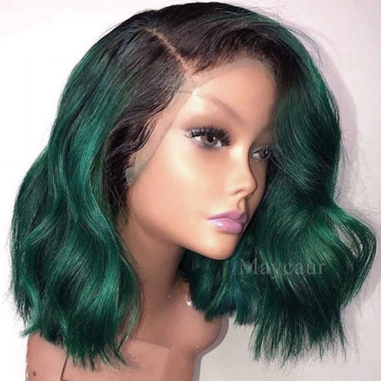 Maycaur Green Wigs Short Body Wave Lace Front Wigs Black Green Ombre Color Bob Synthetic Lace Front Wigs with Natural Hairline Glueless Heat Resistant Fiber Hair Wig for Women
