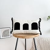 VANNCIO Black White Boho Fringe Tasseled Pillow Cover, Neutral Decorative Rectangular Throw Pillow Case, Geometric Modern Sham for Bed Couch Living Room, 12x20 inches, 1PCS