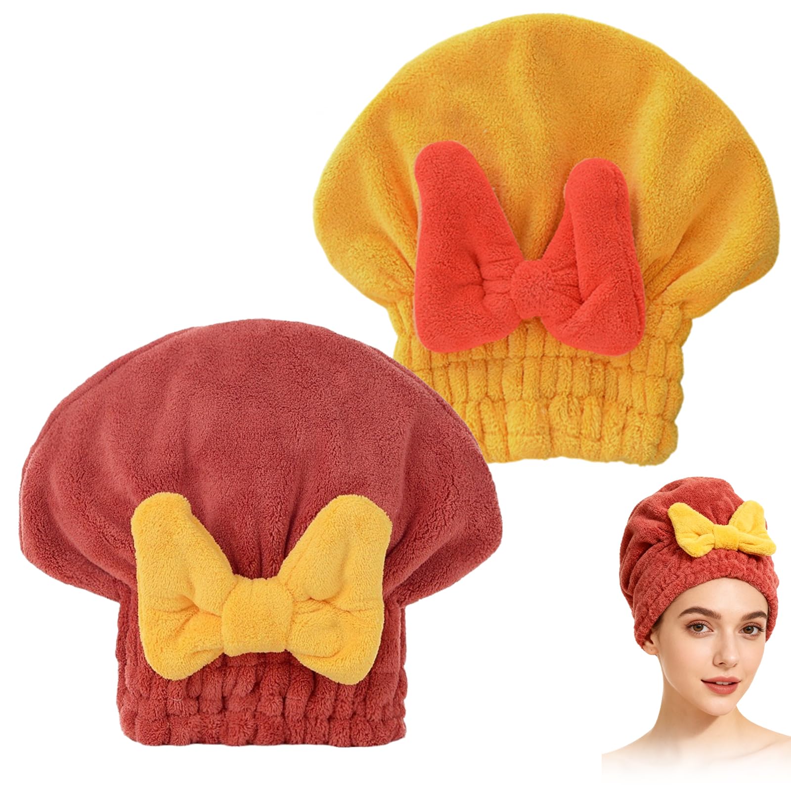 Photo 1 of 2 Pack Ultra Absorbent Hair Quick Drying Towel for Women, New Microfiber Hair Towel Wrap Dry Turban, Soft Bow Tie Plopping Head Towels Shower Cap for All Hair Style (Yellow and Rad)