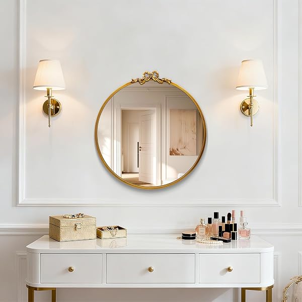 TOPCITY VINTAGE ROUND GOLD BOW MIRROR: 20″ ANTIQUE BATHROOM VANITY MIRRORS WITH METAL FRAME – BAROQUE ORNATE FOR ENTRYWAY/BEDROOM/HALLWAY/FIREPLACE- HOME WALL DECOR FOR LIVING ROOM