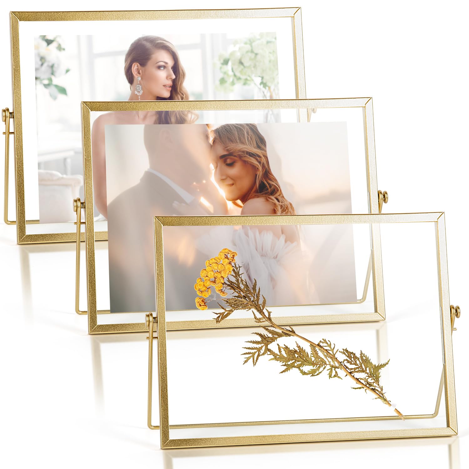 Photo 1 of AceList 7x9 Picture Frame Set of 3 for 5x7 Picture - Gold Metal Floating Photo Frame with Glass Cover - 7x9 Frame Gold Picture Frame - Floating Frame for Tabletop Display Horizontally