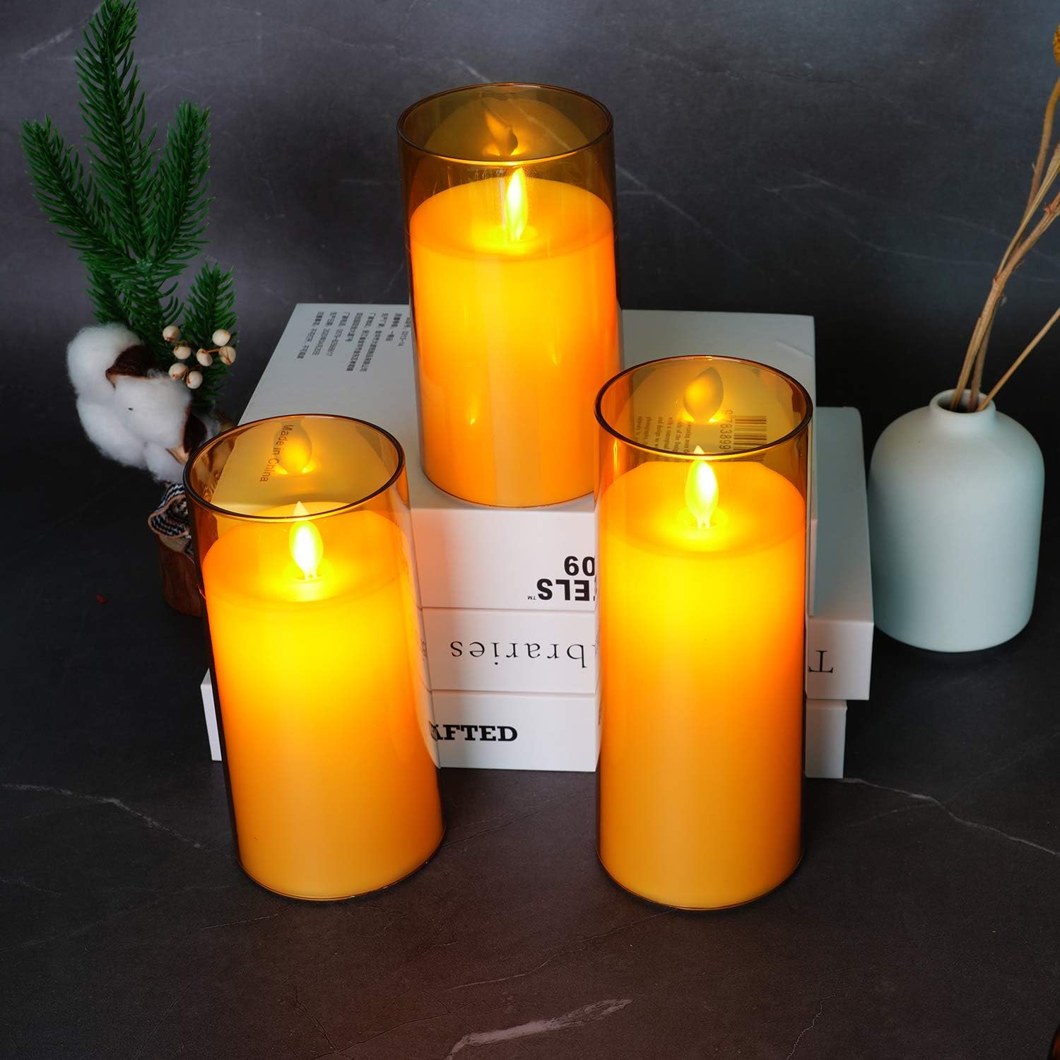 Homemory Gold Flickering Flameless Candles, Battery Operated Acrylic LED Pillar Candles with Remote Control and Timer, Set of 3: Home Improvement