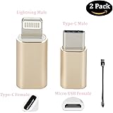USB C to Lightning Adapter and Micro b to Type c Convertor Aluminum Portable charger Male to Female for 8Pin Apple Devices Samsung Galaxy S8 MI 5 HuaweiI Mate9 (Gold2 Pack)