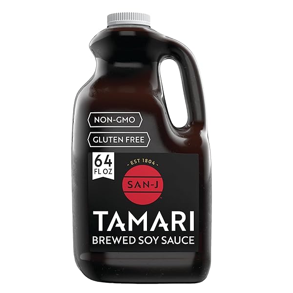 SAN-J – GLUTEN FREE TAMARI SOY SAUCE – SPECIALLY BREWED – MADE WITH 100% SOY – 64 OZ. CONTAINER