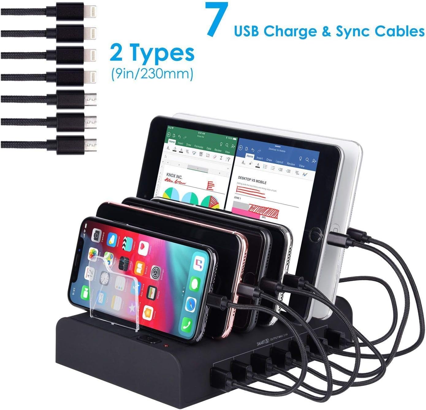 7 Port USB Charging Station Multi Device USB Charging Dock Station HUB Desktop Charging Stand Organizer Compatible for iPhone ipad Airpods iwatch Kindle Tablet Multiple Devices