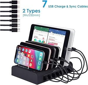 7 Port USB Charging Station Multi Device USB Charging Dock Station HUB Desktop Charging Stand Organizer Compatible for iPhone ipad Airpods iwatch Kindle Tablet Multiple Devices