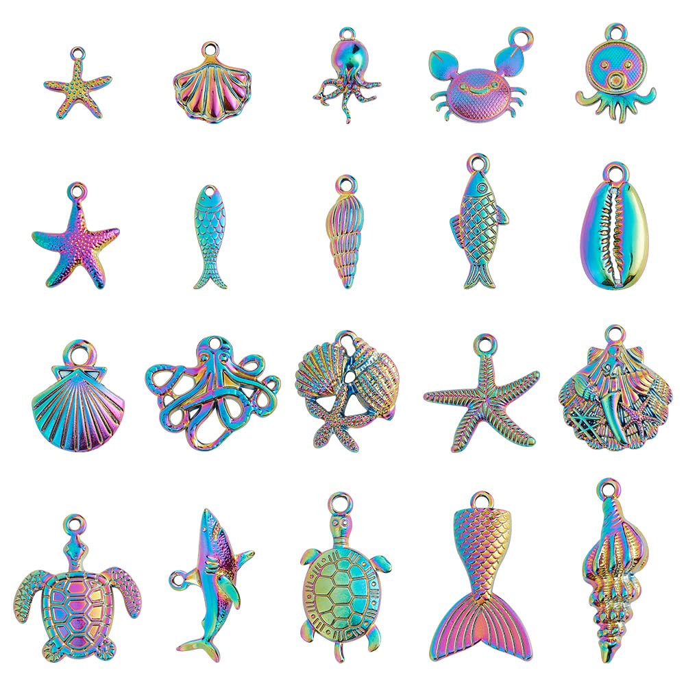 AHANDMAKER 20 Pcs Ocean Theme Charms Rainbow Alloy Metal Pendants Fish Seashell Seaside Turtle Marine Animal Charms for DIY Necklace Bangles Bracelets Earrings Keychain Jewelry Making