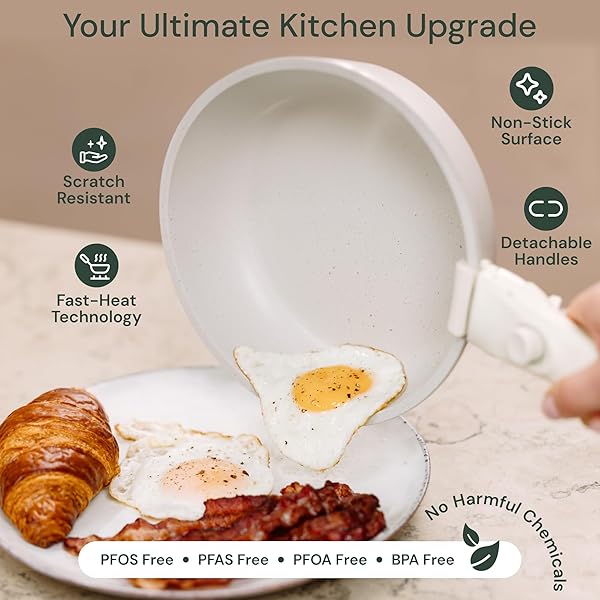 PINNACLE COOKERY 15-PIECE WHITE GRANITE NONSTICK COOKWARE SET – DETACHABLE HANDLES & TEMPERED GLASS LIDS – STACKABLE & COOL-TOUCH – INDUCTION & OVEN SAFE TO 480°F – SCRATCH-RESISTANT, PFOA & PFOS-FREE