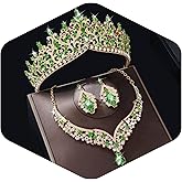 Kamirola Tiaras and Crowns for Women,Tiaras Earrings Necklace, Crystal Bridal Jewelry Set, Costume Party Halloween Prom Pageant Jewelry for Women (Gold Light Green)