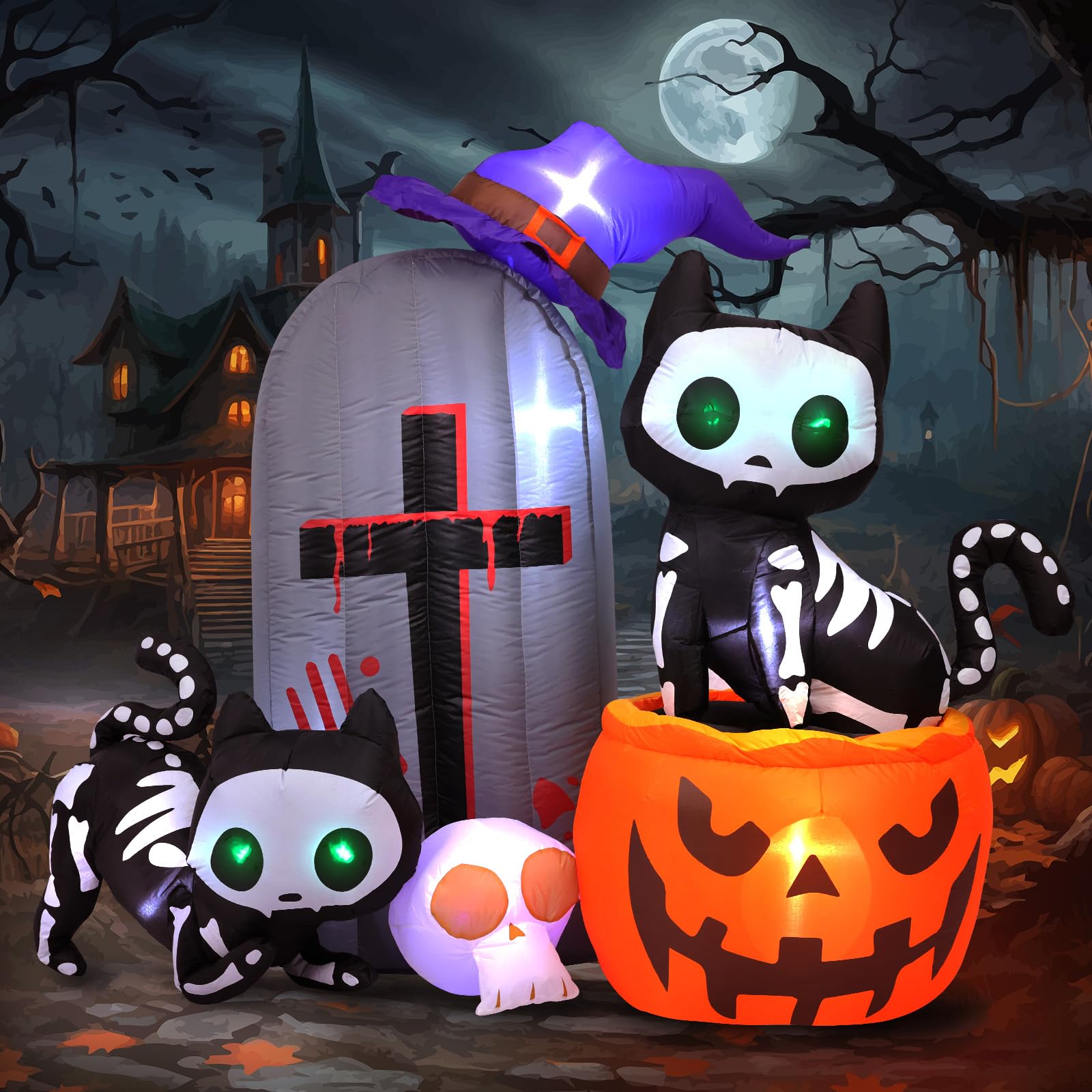 Photo 1 of Max Fun 6FT Halloween Inflatables Skeleton Cat Pumpkin with LED Build-in Yard Decoration Blow Up Inflatables for Outdoor Indoor Garden Lawn