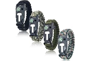 Survival Bracelets 4-Pack | 5-in-1 Paracord Bracelet Set with Fire Starter, Compass & Whistle | Emergency Outdoor Gear for Ca
