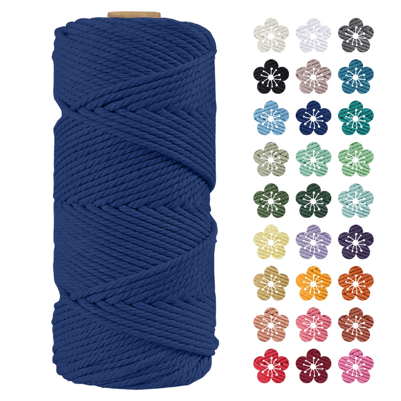 LEREATI Macrame Cord 4mm x 100m, Thick Macrame Rope Natural Cotton Rope Craft String, 4 Strand Twisted Cotton Cord Yarn for DIY Plant Hanger, Wall Hanging, Christmas Decoration (Dark blue)