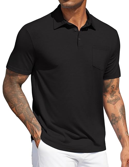COOFANDY Polo Shirts for Men Textured Polo Shirt Lightweight Casual Golf Shirts Short Sleeve Collared Shirts Mens Fashion Button T Shirts Black