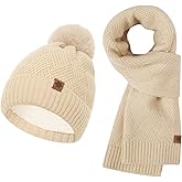 Ngdhkd Women’s Beanie Hat Scarf Set Fleece Lined Pom Pom Hat Long Scarf for Women Winter Wear