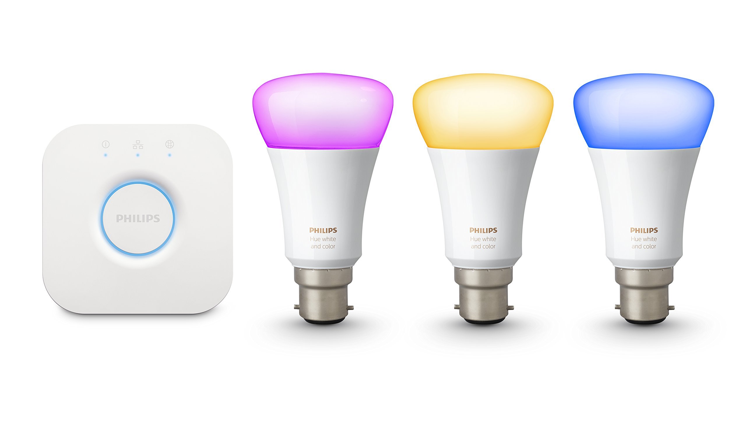 Philips Hue Starter Kit White and Colour Ambiance Smart LED Lighting [B22 Bayonet Cap] Includes 3X Light Bulbs + 1 Hue Bridge. Works with Alexa, Google Assistant and Apple HomeKit