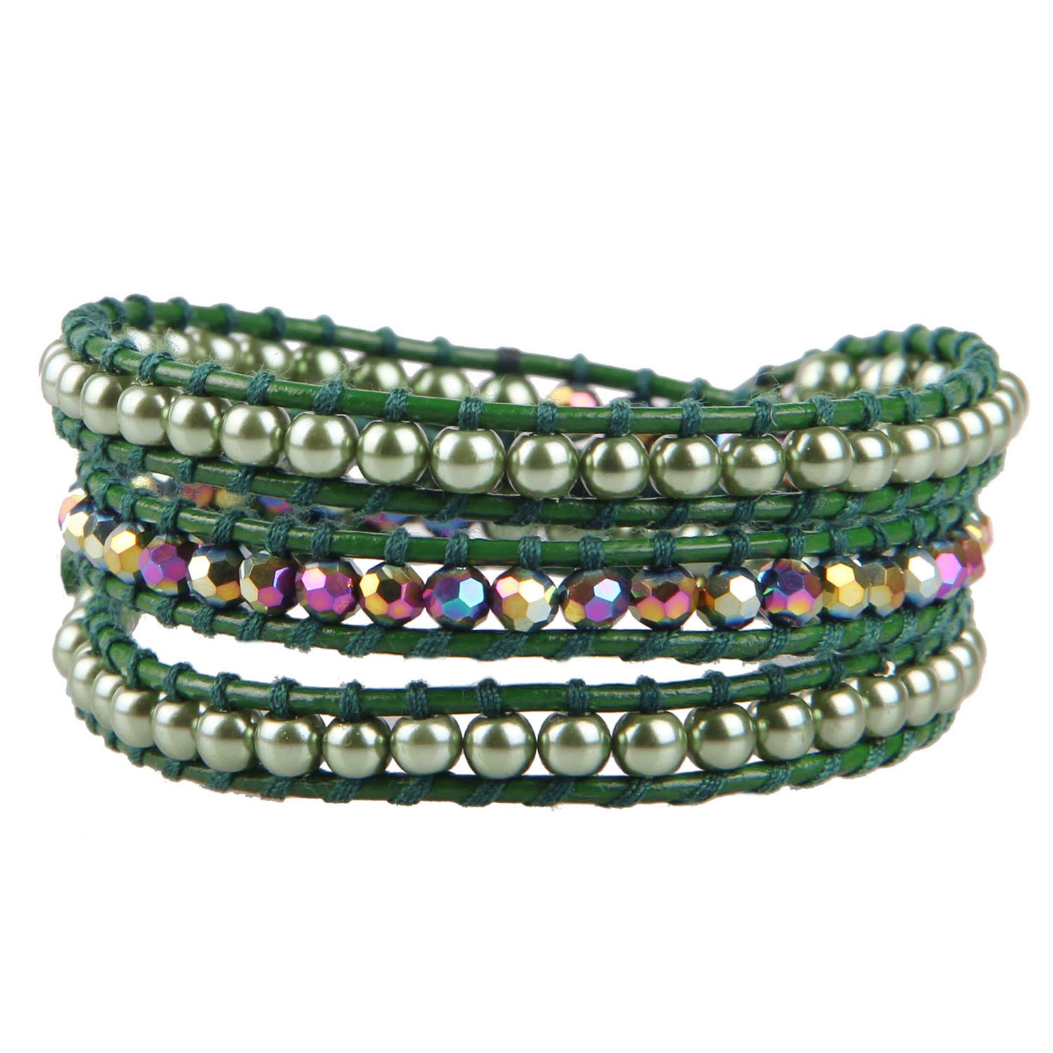 KELITCH 3 Wraps Bracelets Fresh Pearl Beaded Bracelets Multi Strands Fashion Women Bangles Jewelry (Green A)